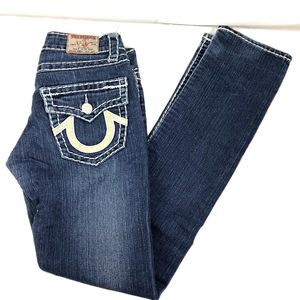 True Religion Women's Skinny Jeans in Dark Blue with Cream Pocket Accent